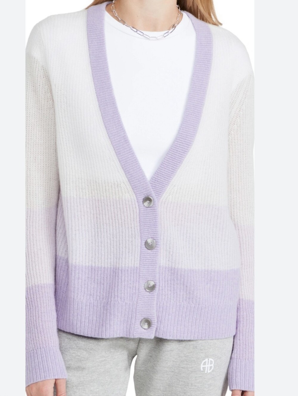 ATM Anthony Thomas Melillo Lavender and Cream Striped V‑Neck Button Cardigan